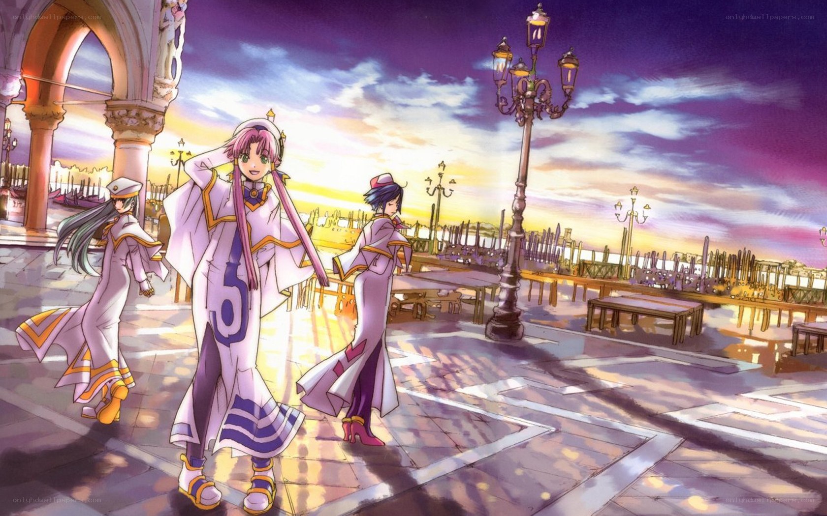 anime characters in a city square