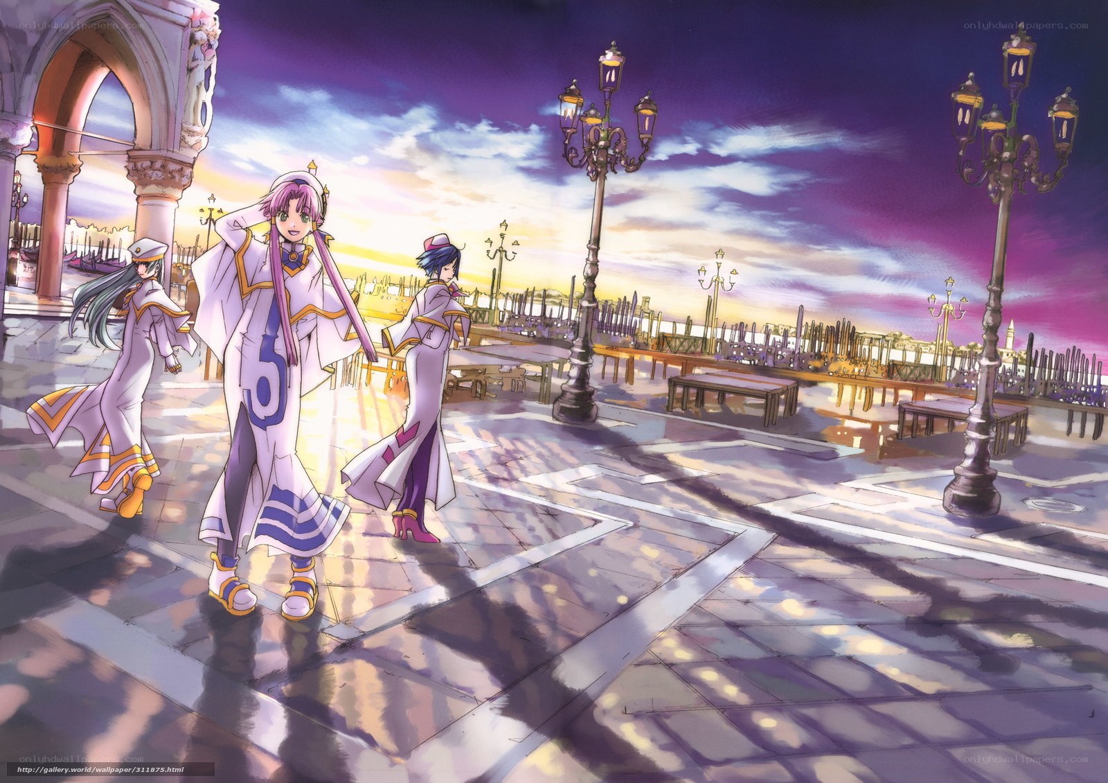 Anime characters in a city square