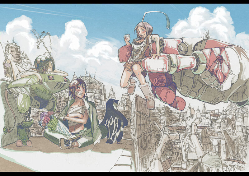 Anime characters in a cityscape