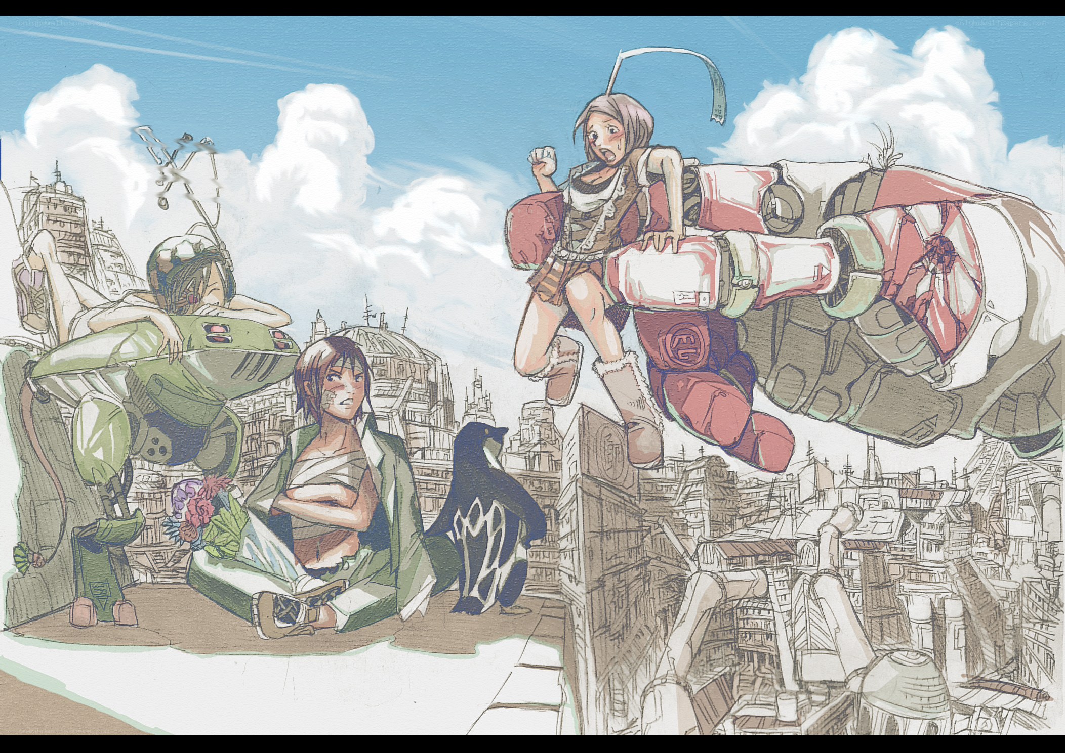 Anime characters in a cityscape