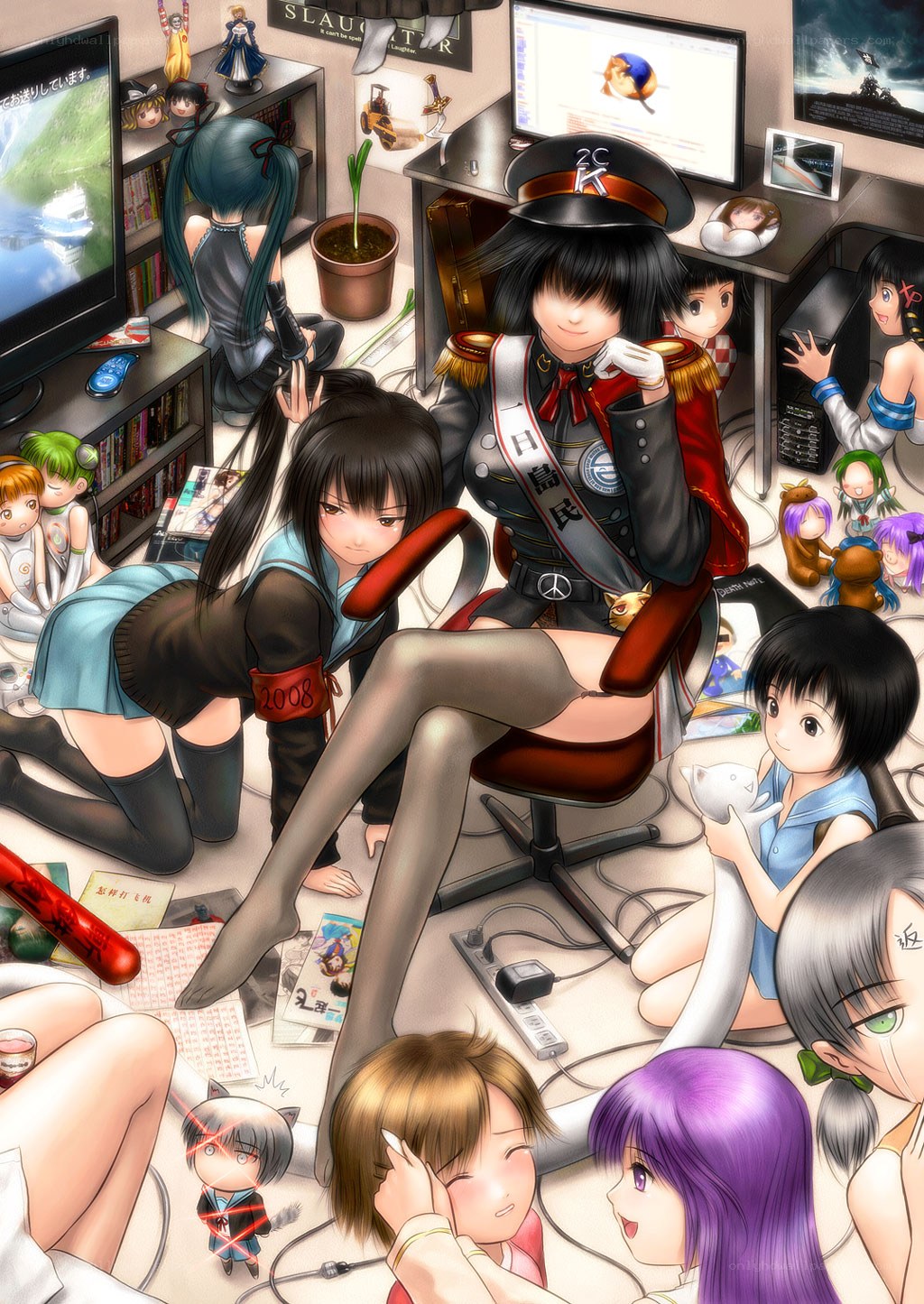 Anime characters in a cluttered room