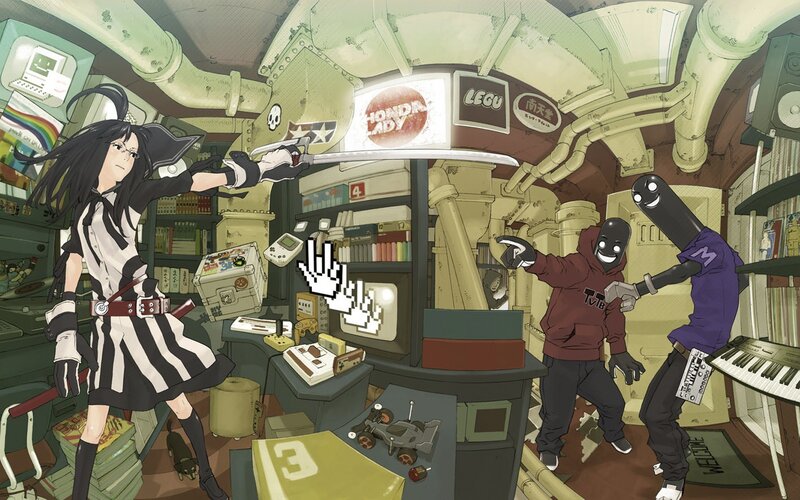 Anime characters in a cluttered room