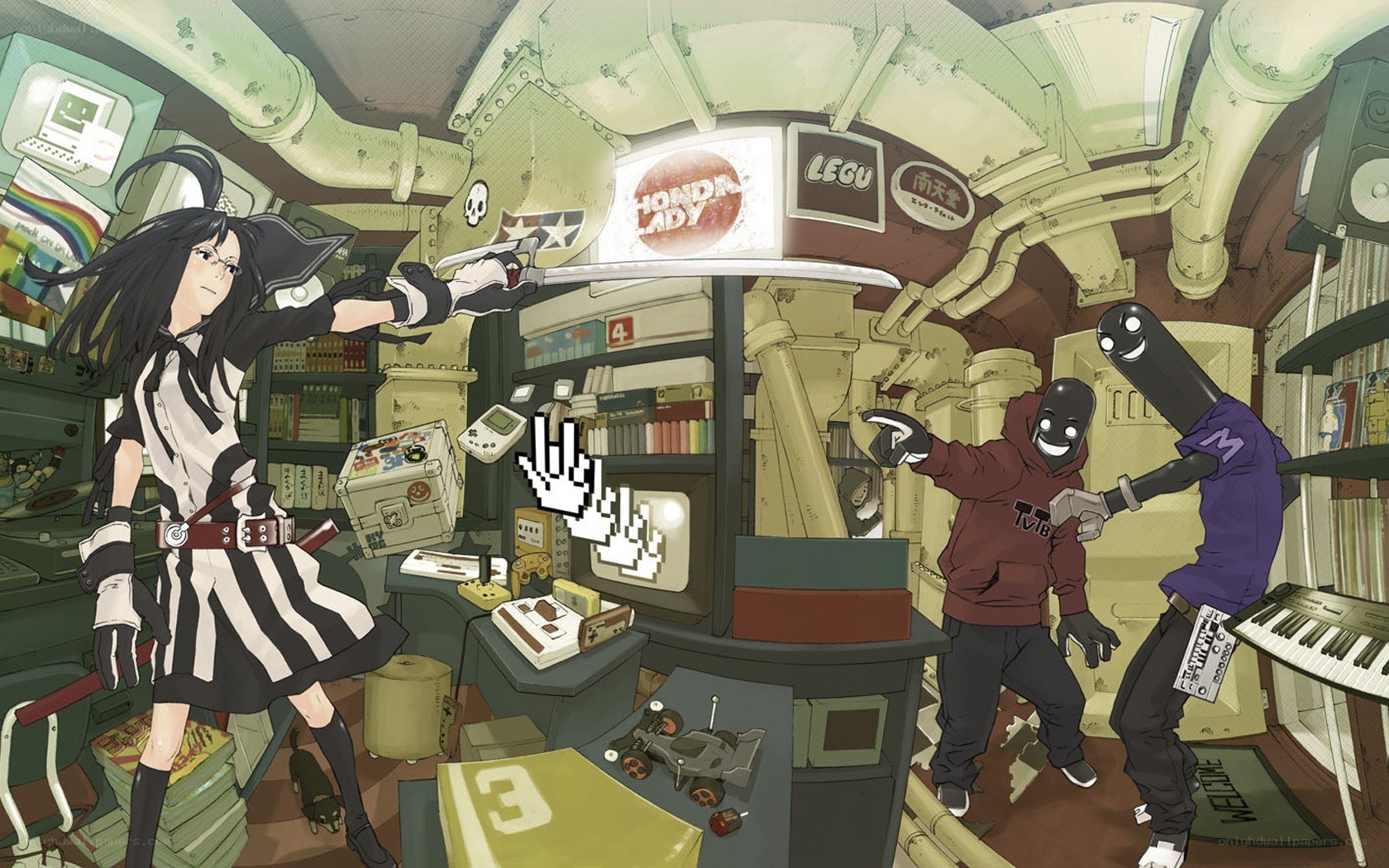 Anime characters in a cluttered room