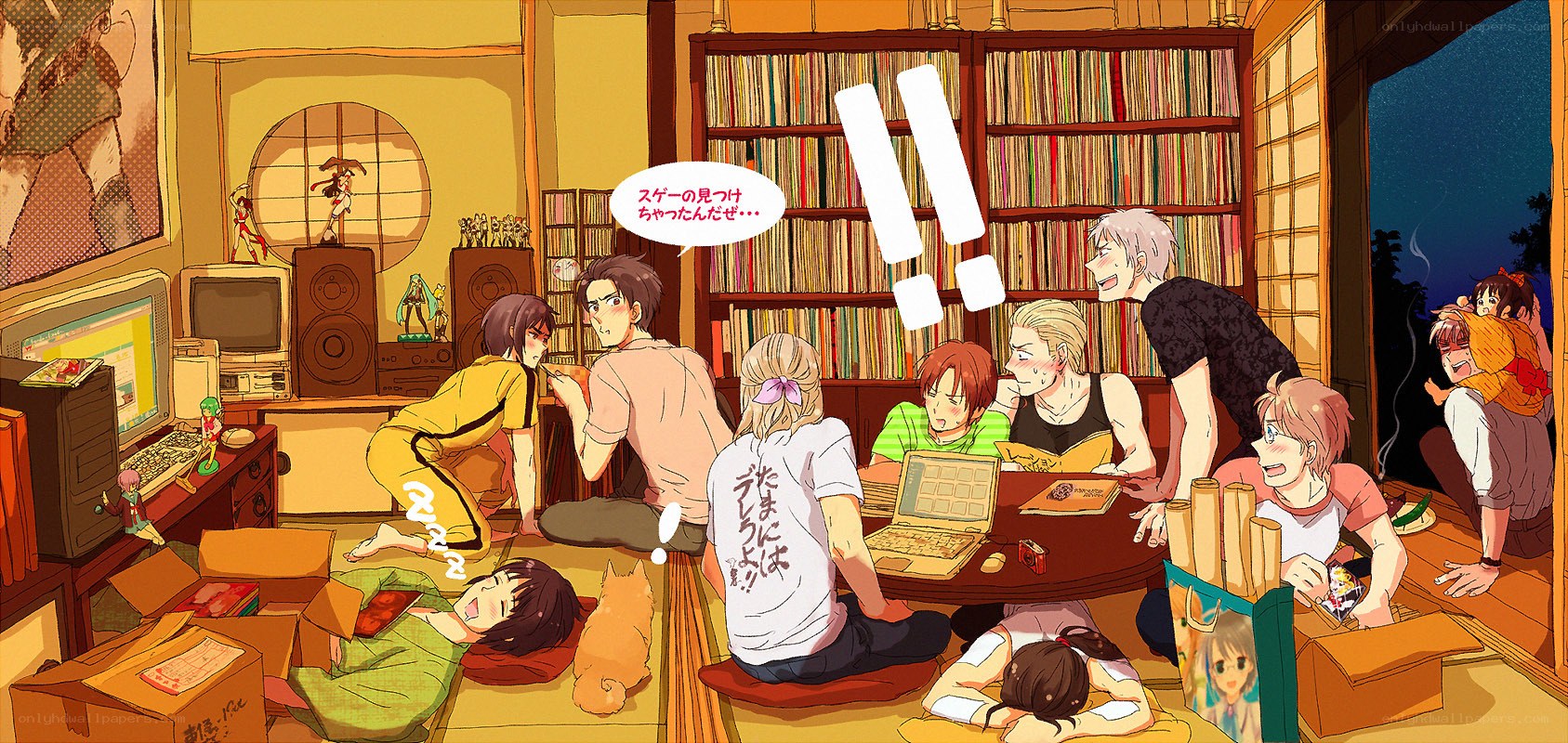 Anime characters in a cluttered room