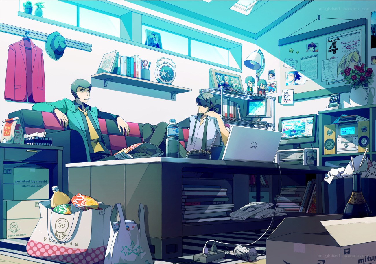 Anime characters in a cluttered room