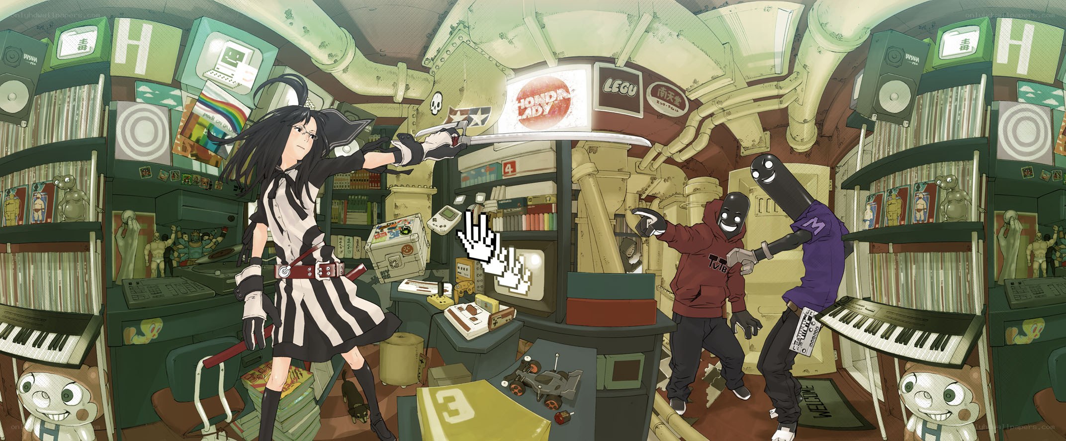Anime characters in a cluttered room