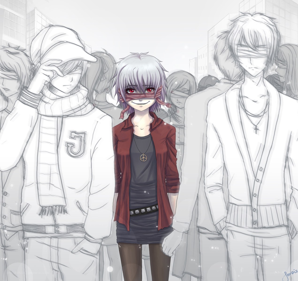 anime characters in a crowd