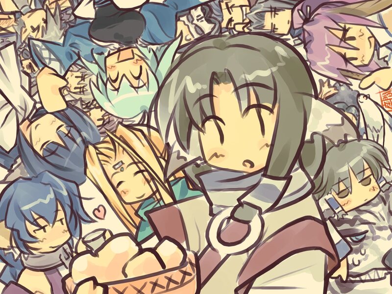anime characters in a crowd