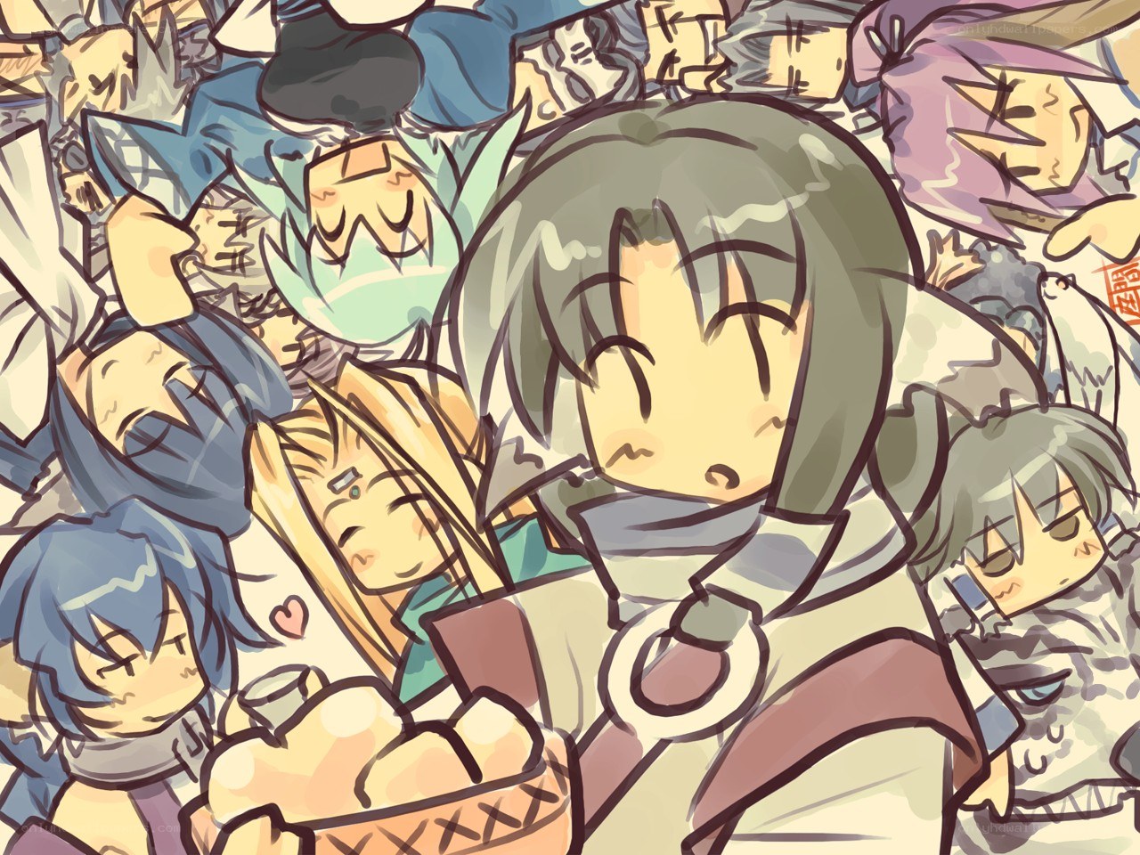 anime characters in a crowd
