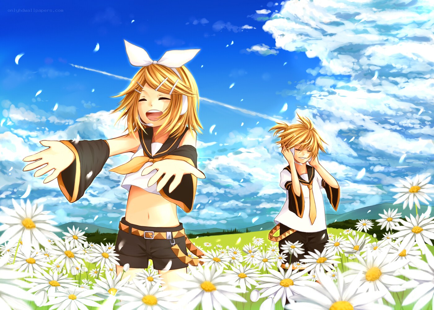 Anime characters in a daisy field
