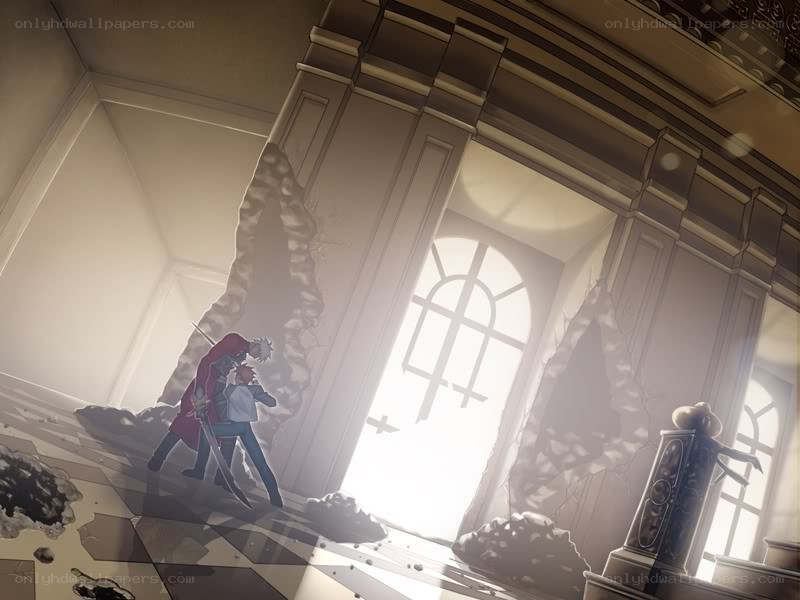 Anime characters in a damaged hall