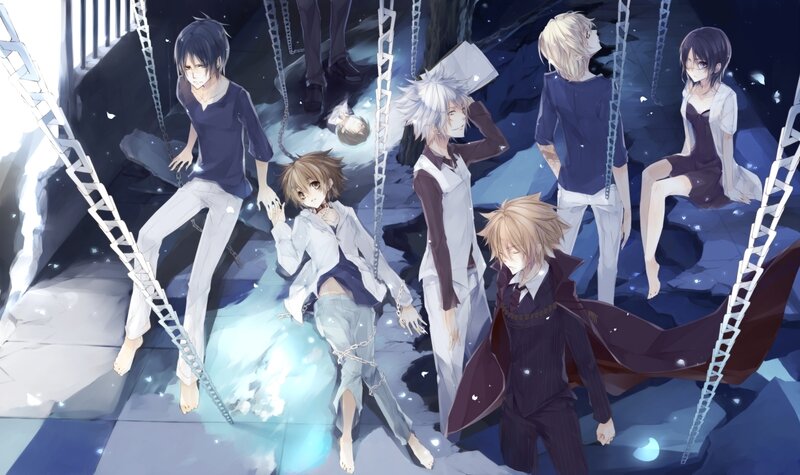 Anime characters in a dark chamber