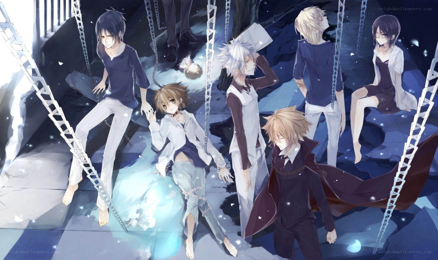 Anime characters in a dark chamber