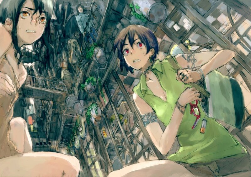 Anime characters in a dilapidated structure