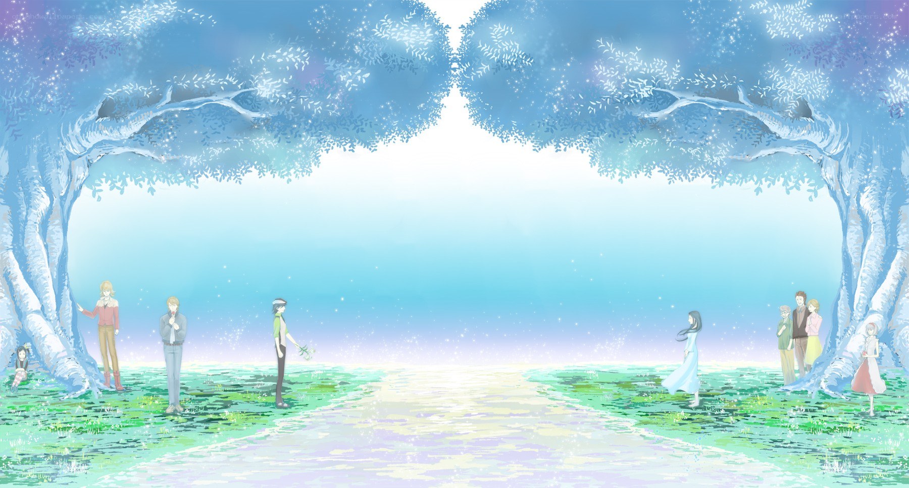 Anime characters in a dreamy forest