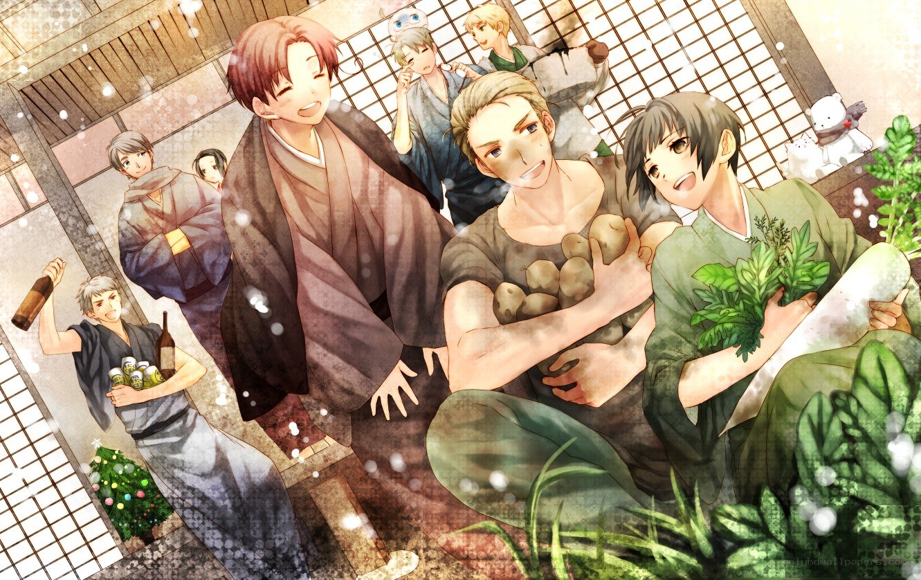 anime characters in a festive gathering