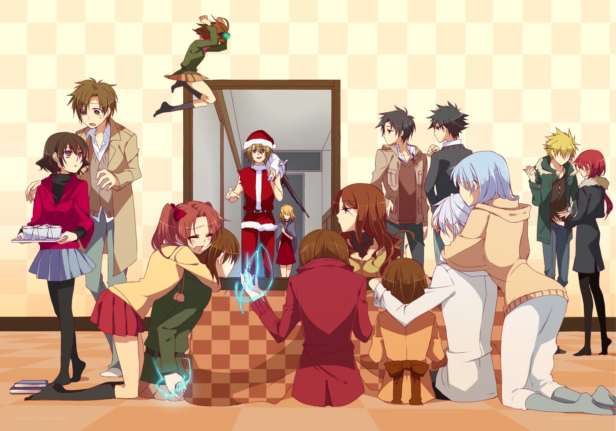 Anime characters in a festive gathering