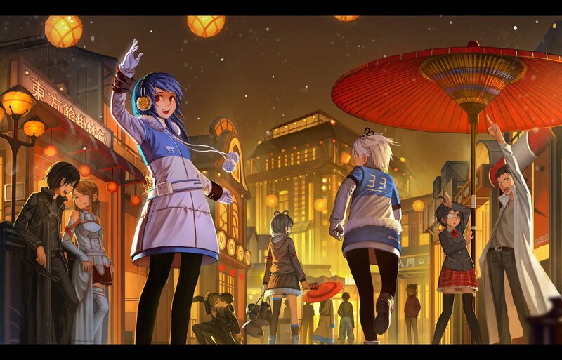 Anime characters in a festive street