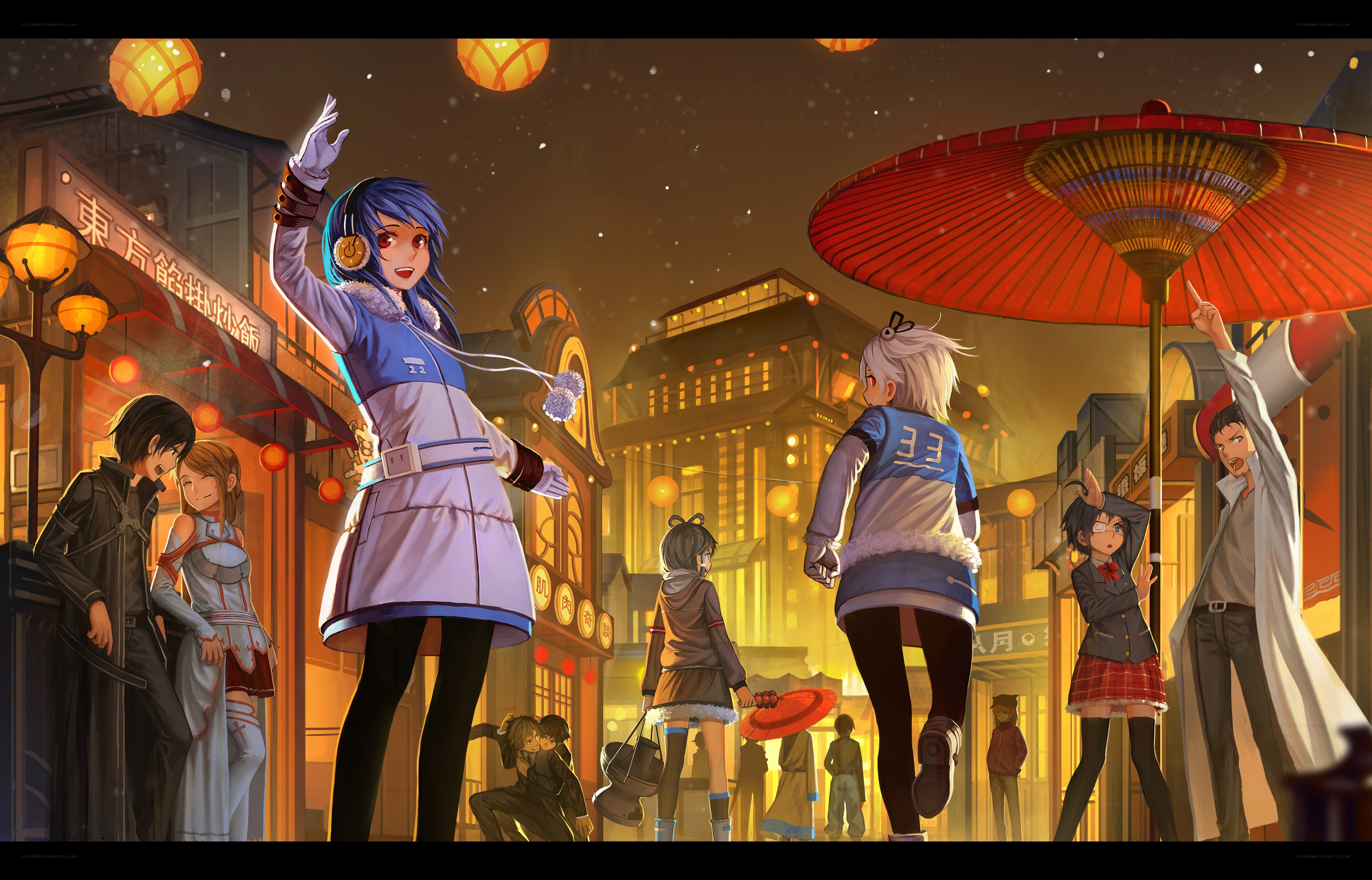 Anime characters in a festive street