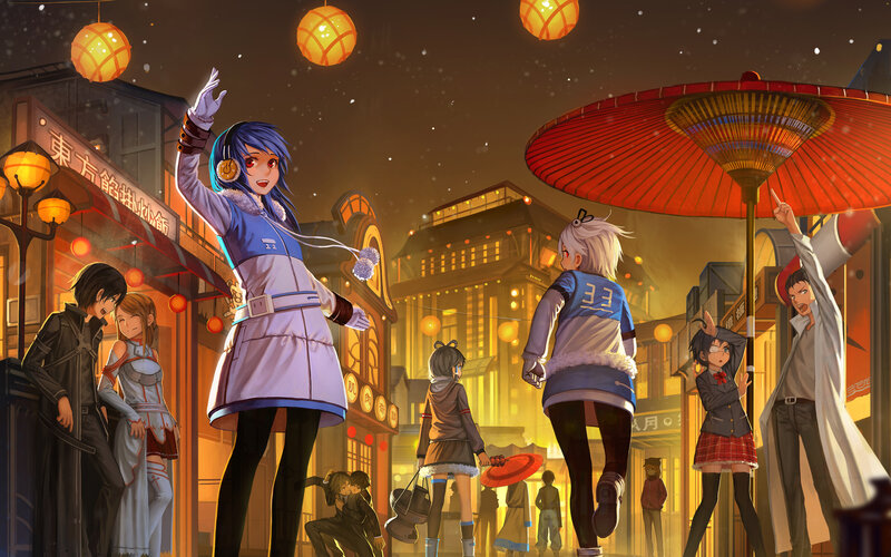 Anime characters in a festive street