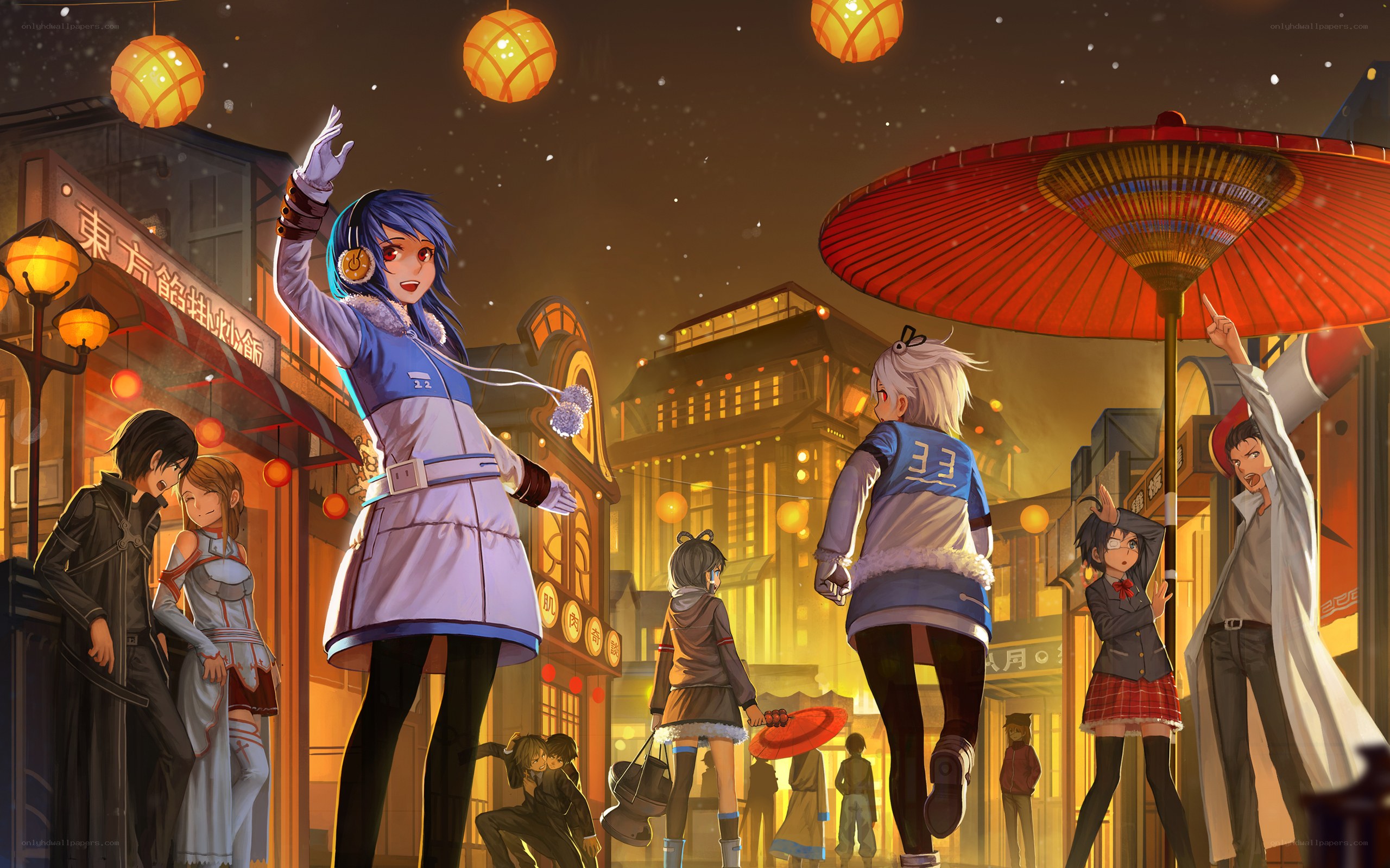 Anime characters in a festive street
