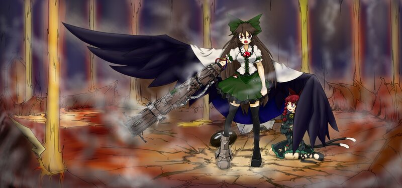 Anime characters in a fiery forest