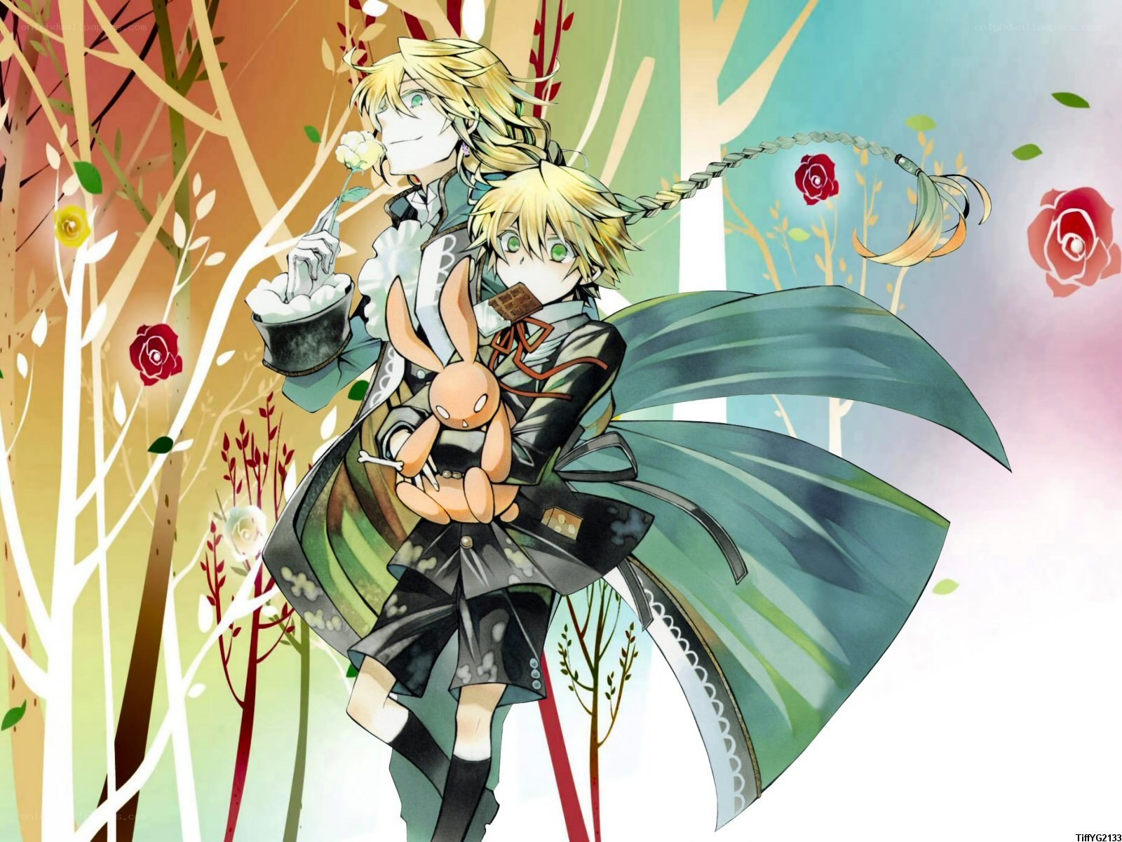 Anime characters in a floral forest