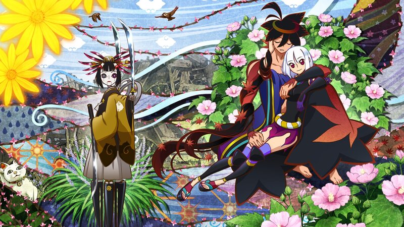 Anime characters in a floral garden