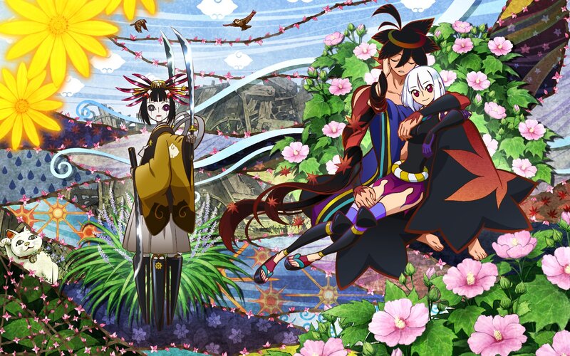 Anime characters in a floral garden