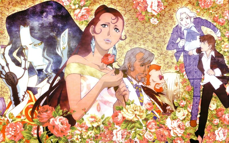 anime characters in a floral scene