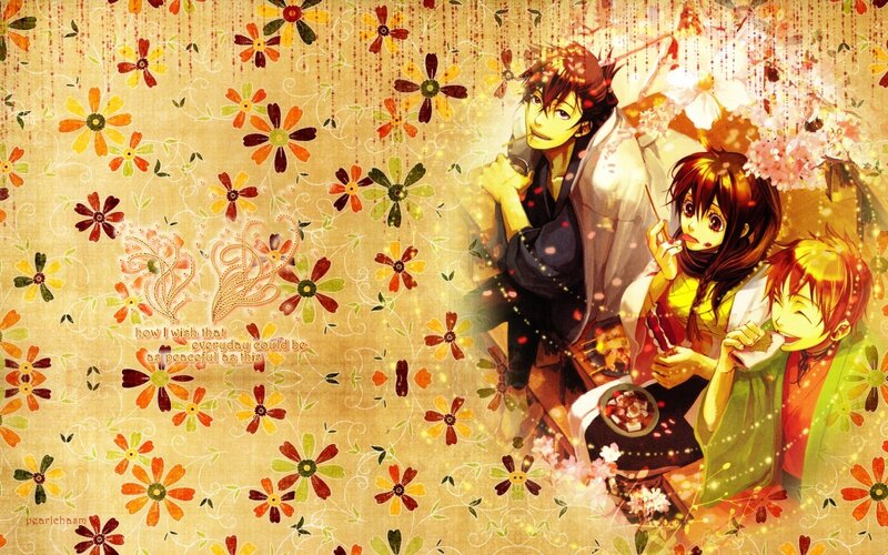 Anime characters in a floral scene