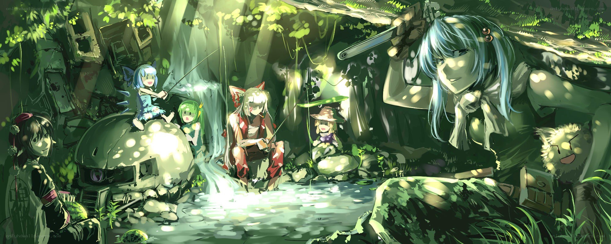 Anime characters in a forest clearing