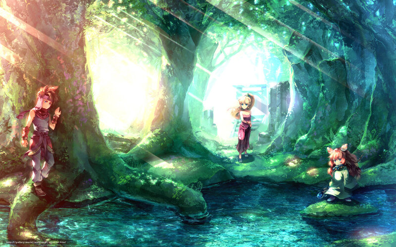 Anime characters in a forest clearing