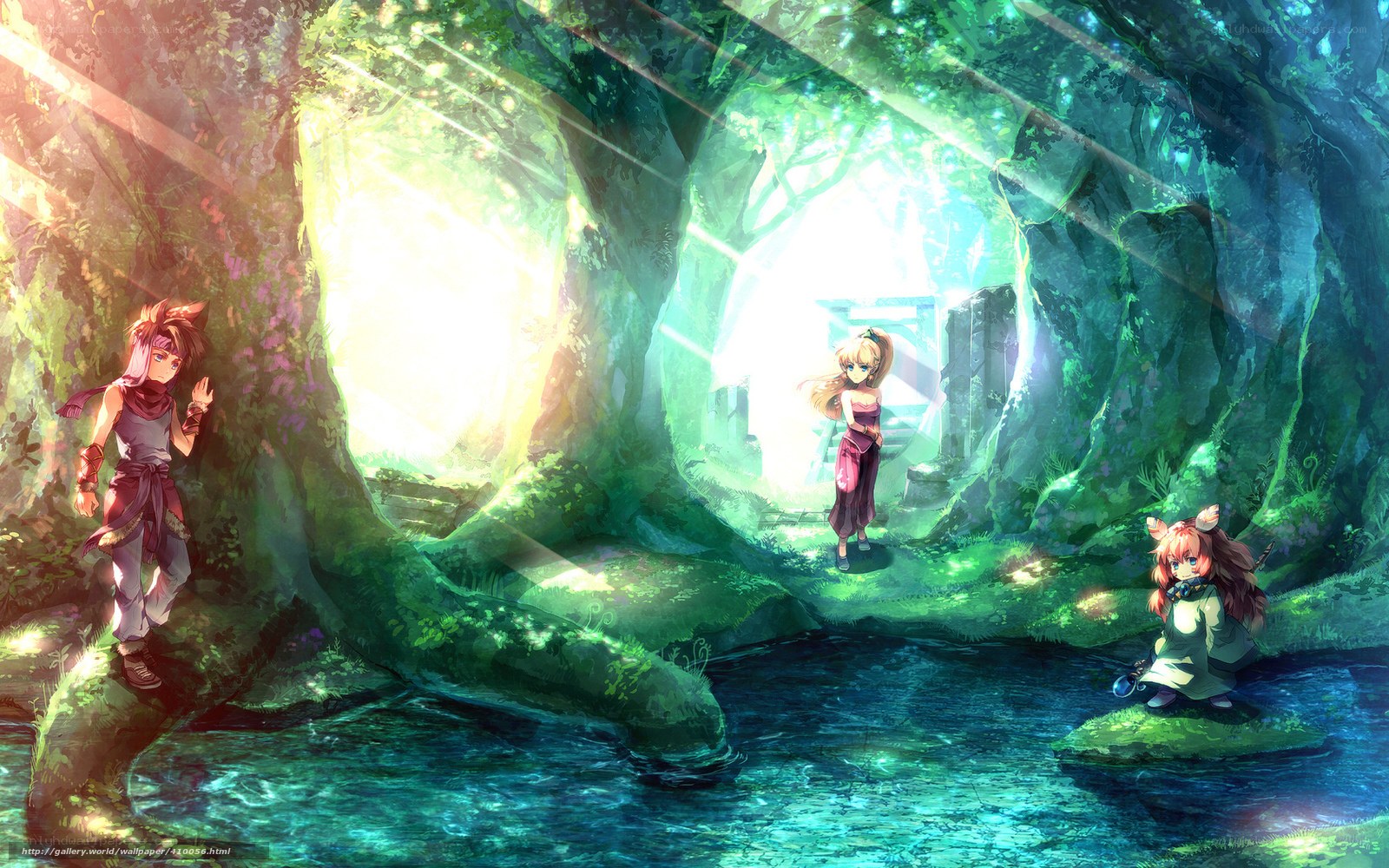 Anime characters in a forest clearing