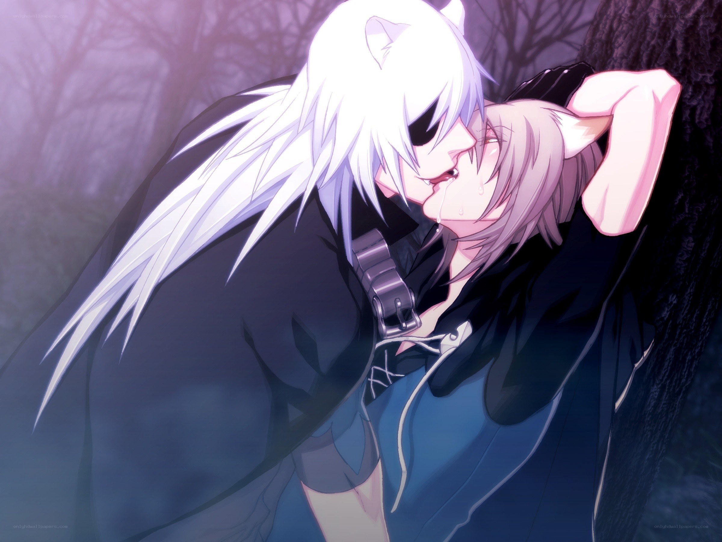 Anime characters in a forest embrace