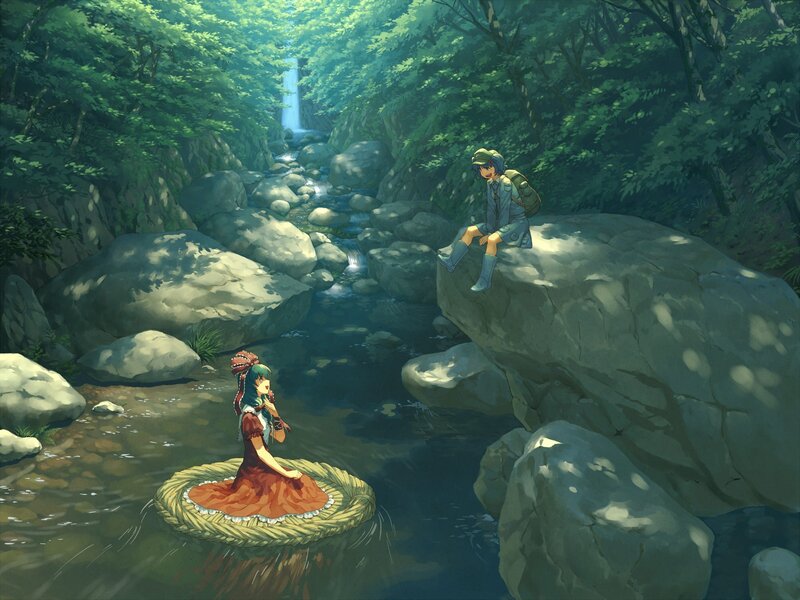 Anime characters in a forest stream