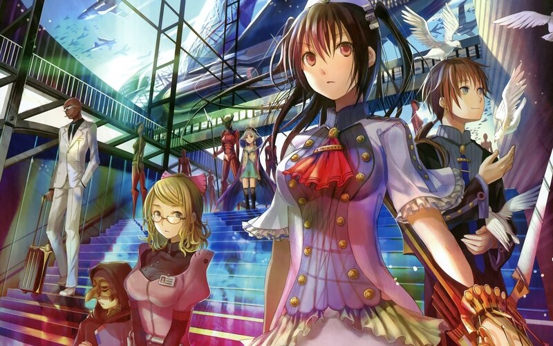 anime characters in a futuristic station