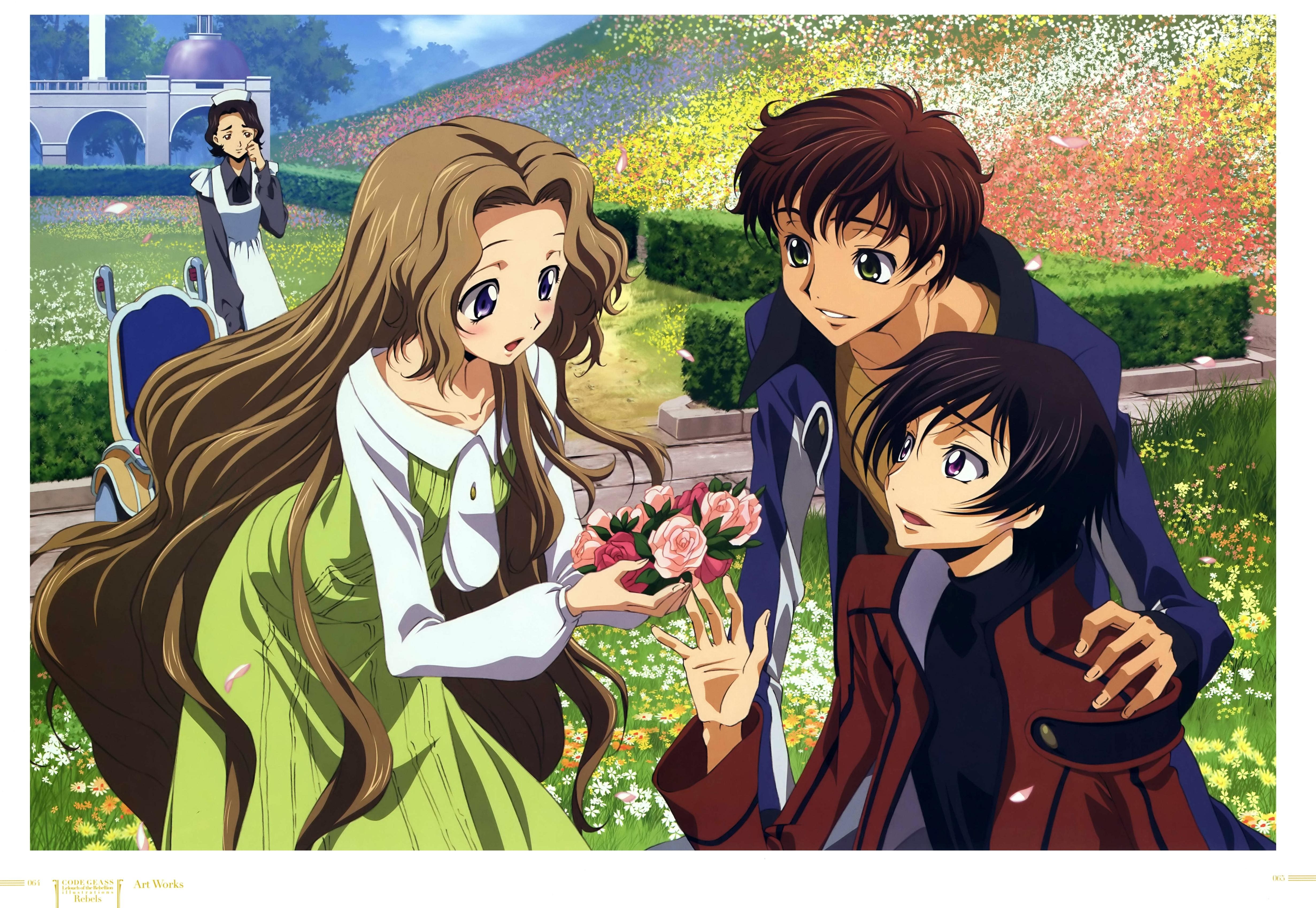 Anime characters in a garden