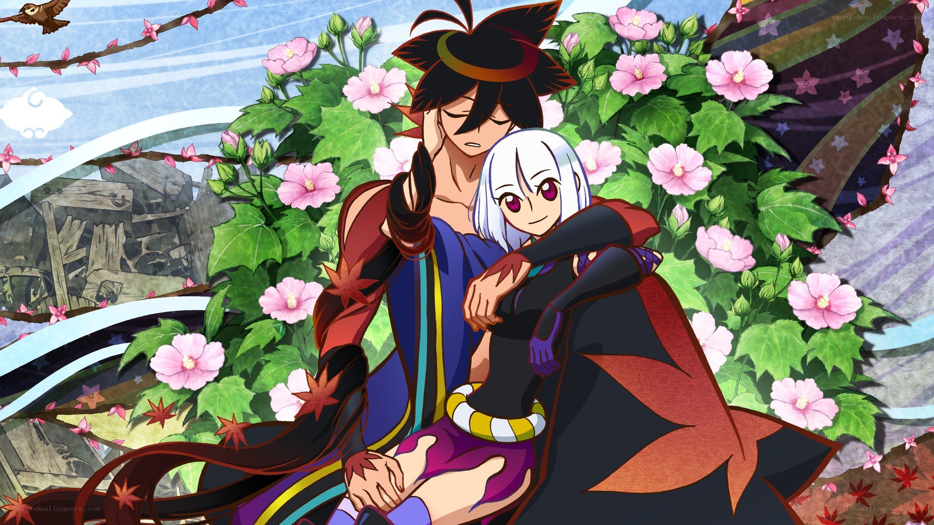 Anime characters in a garden