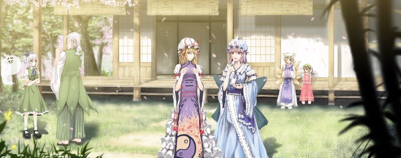Anime characters in a garden