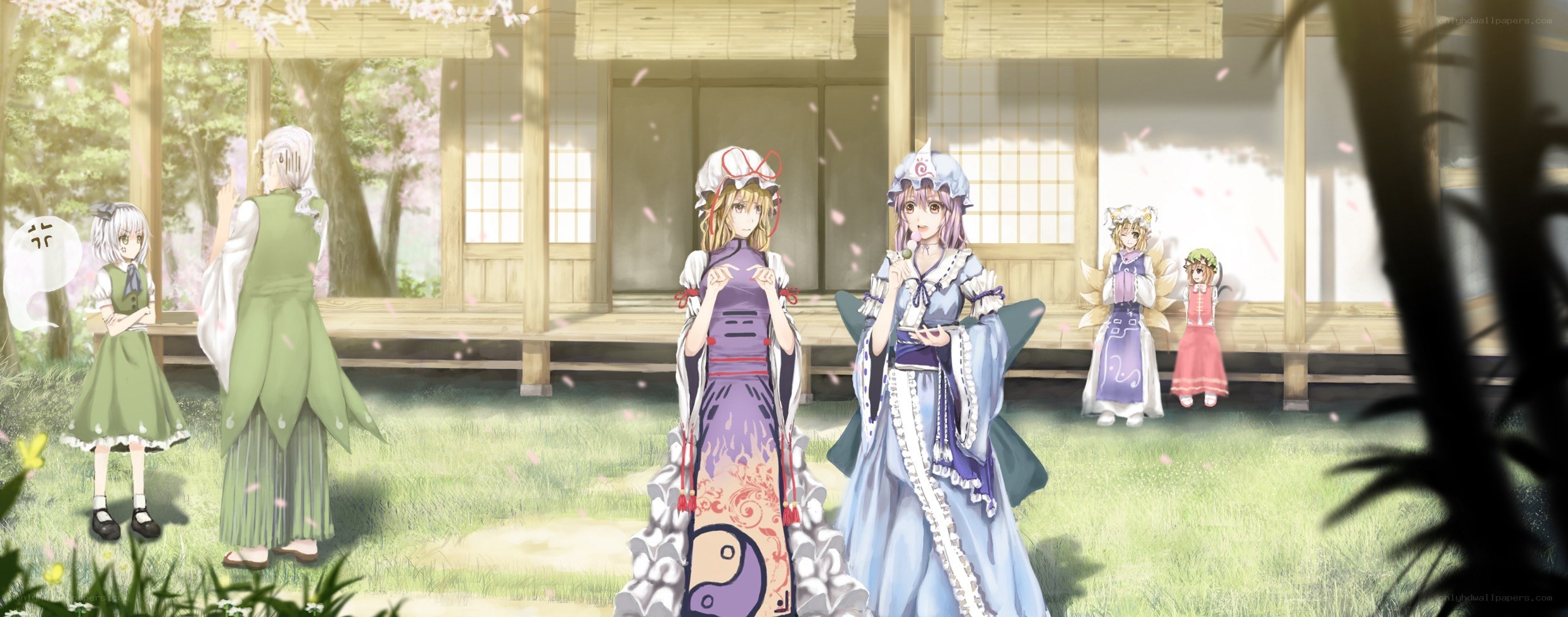 Anime characters in a garden