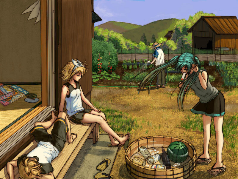 Anime characters in a garden scene