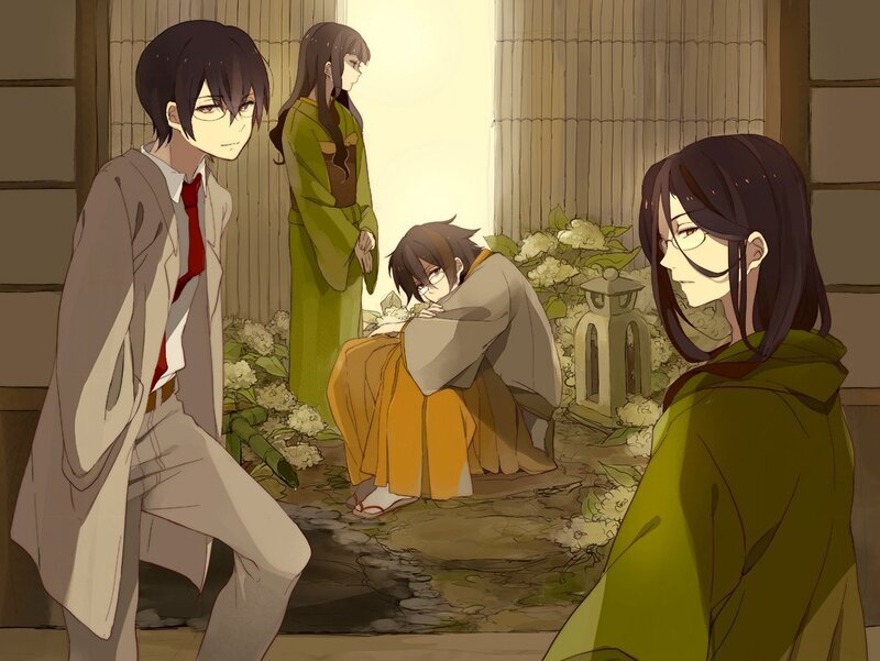 Anime characters in a garden scene