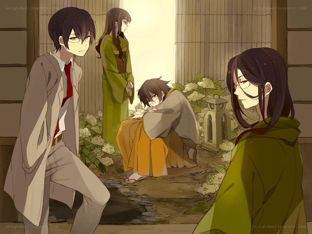 Anime characters in a garden scene