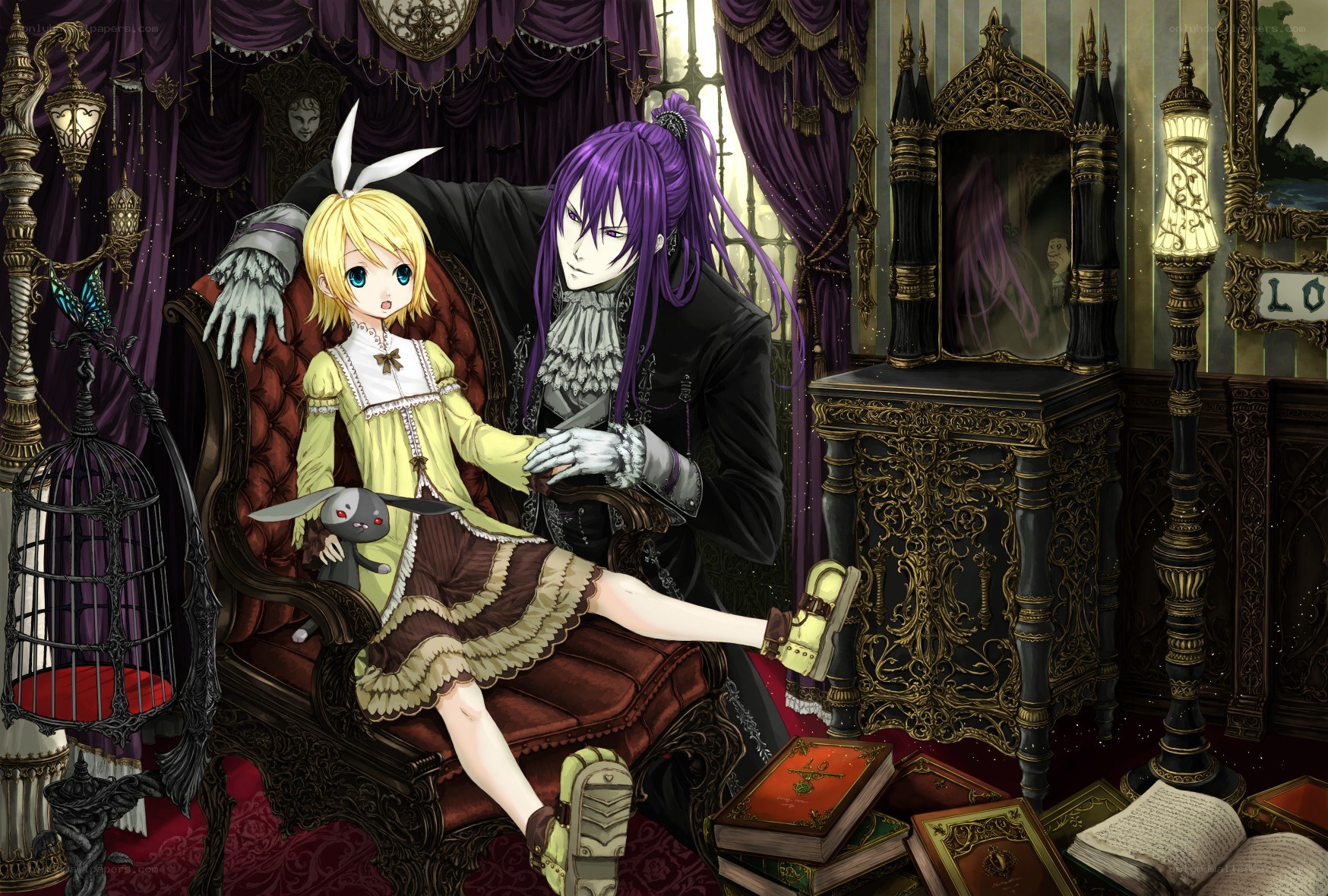 Anime characters in a gothic room
