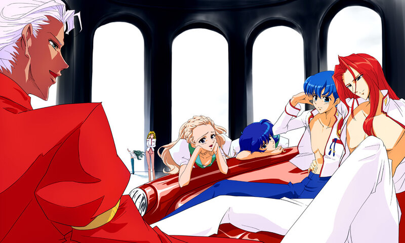 Anime characters in a grand hall