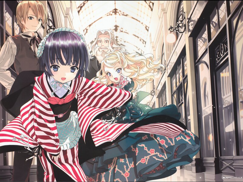 Anime characters in a grand hallway