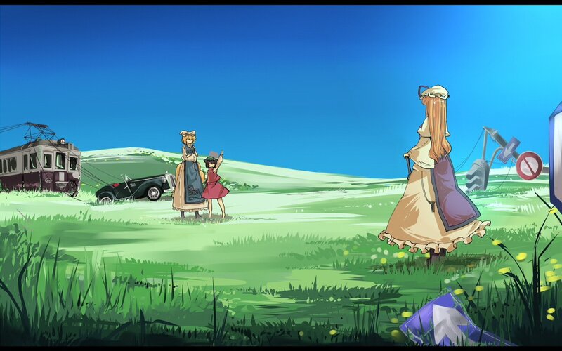 Anime characters in a green field