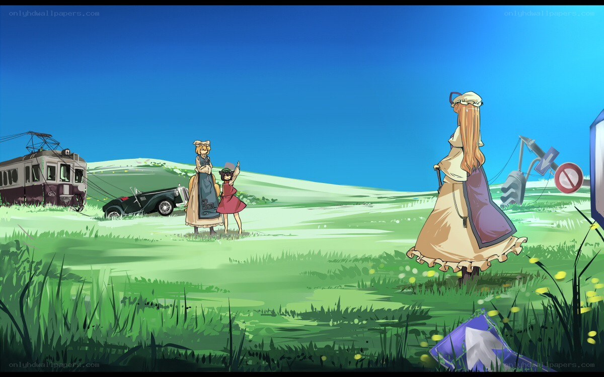 Anime characters in a green field