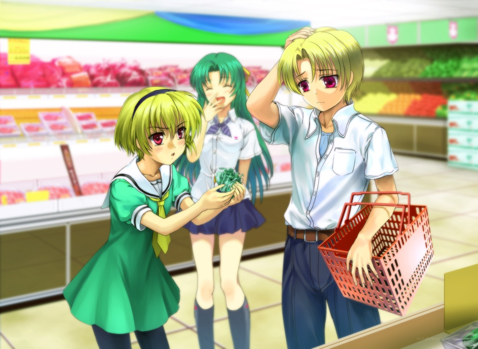 Anime characters in a grocery store